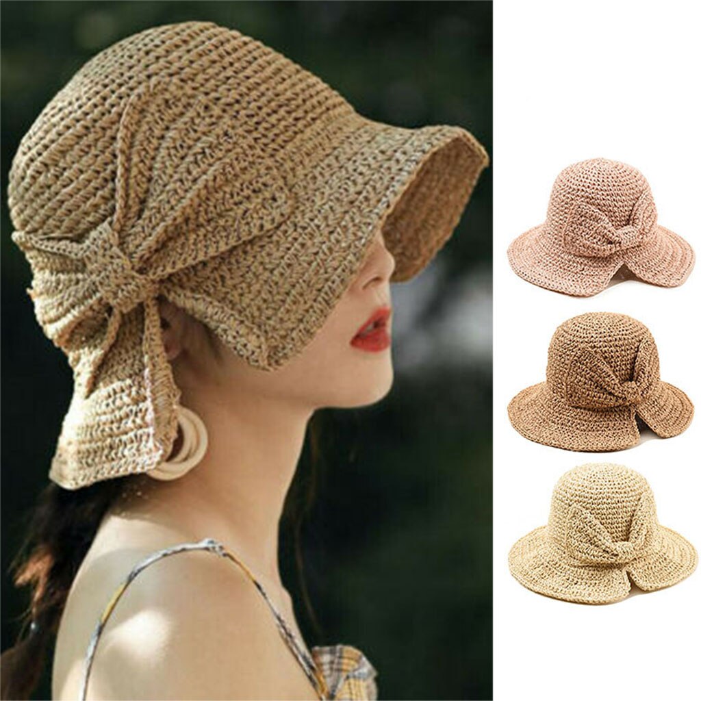 Fashion (adult 54-58CM) 2021Parent-child 100%Raffia Bow Sun Hat Wide Brim  Floppy Summer Hats For Women Beach Panama Straw Dome Bucket Hat Shade Hat