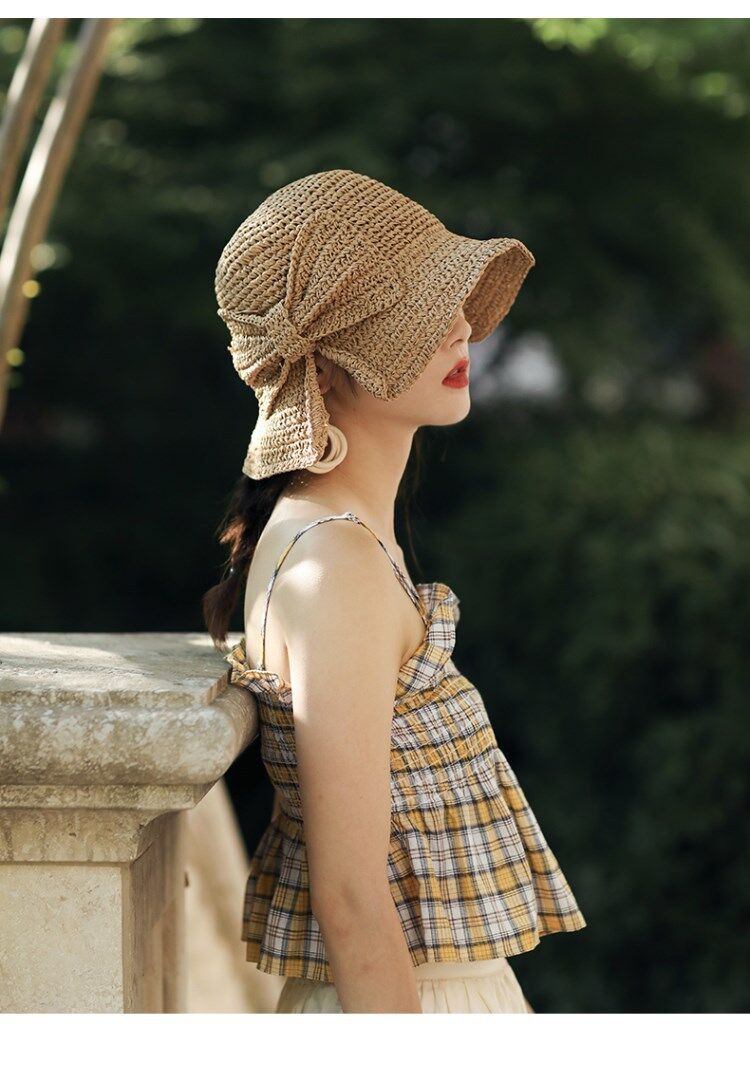 Fashion (56-58cm) Parent-child 100%Raffia Bow Sun Hat Wide Brim Floppy Summer  Hats For Women Beach Panama Straw Dome Bucket Hat Shade Hat